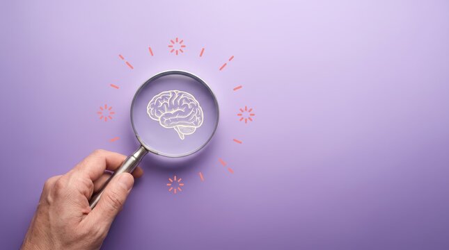 Brain analysis concept with magnifying glass on purple background