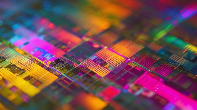 Close up macro view of silicon microchip wafer structure with luminous neon magenta cyan and gold optical reflections during precision semiconductor manufacturing process (AI Generated)