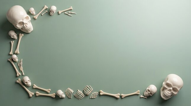 Human skulls and bones arranged in a frame on a solid green background