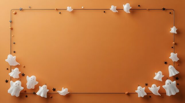 Festive halloween template featuring cute ghost decorations arranged in a rectangular frame on orange background
