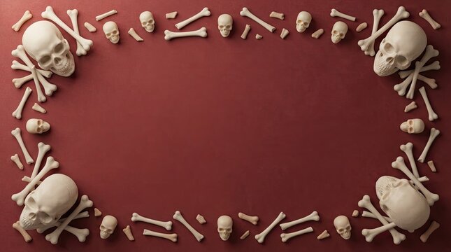 Human skulls and bones arranged as a frame on a dark red background