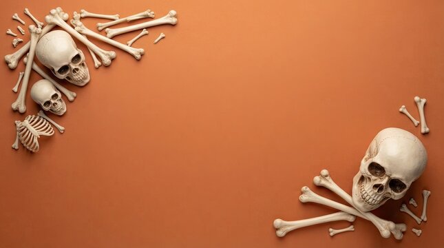 Human skulls and bones arranged as a frame on a solid red background