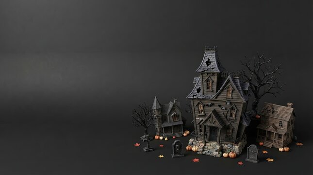 Miniature haunted house model for halloween decoration on dark background