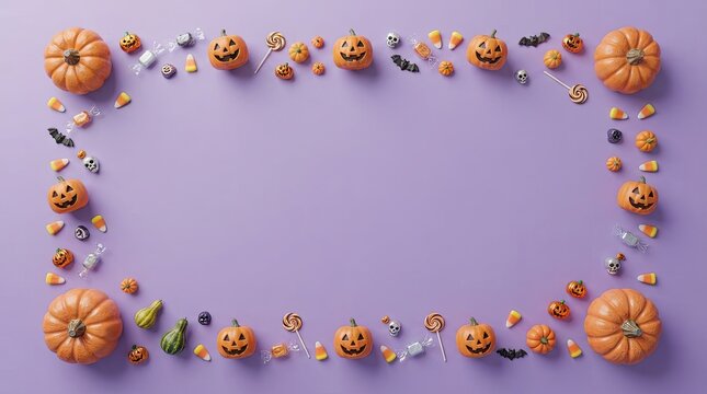 Halloween pumpkin and candy frame arrangement on a purple background