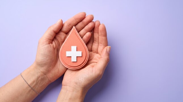 Hands holding blood drop symbol with cross on purple background