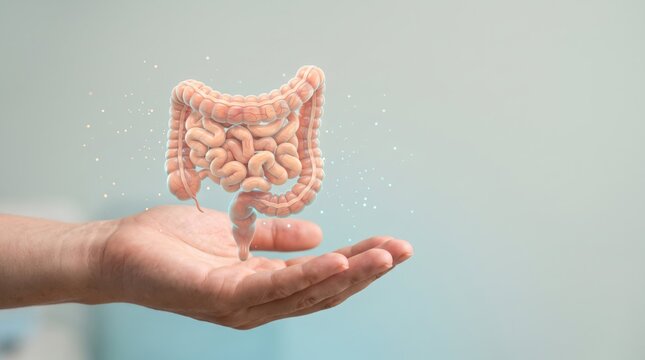 Human hand holding 3D illustration of human intestines