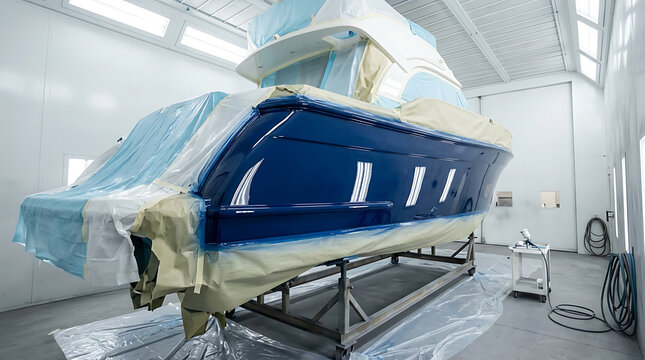 Professional marine painting process of a large boat hull inside a modern workshop