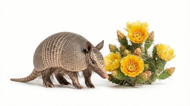 Nine-banded armadillo standing beside a blooming yellow cactus isolated on white background