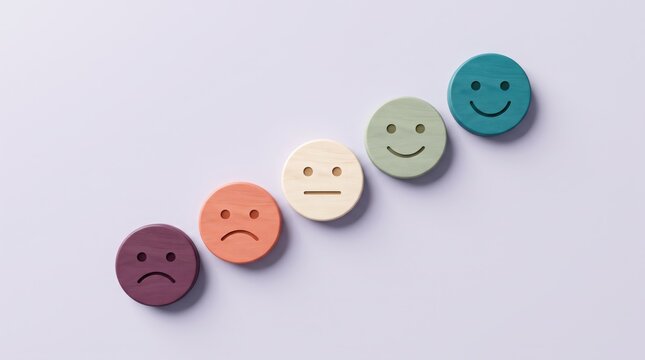 Wooden emotion tokens in a row showing range of feelings