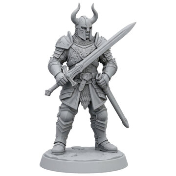 Isolated 3d render of a medieval knight miniature with detailed armor, holding a sword. Grey sculpt on transparent background.