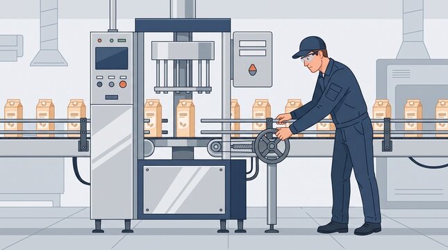 Beverage line operator aligning carton guides on oat drink filler