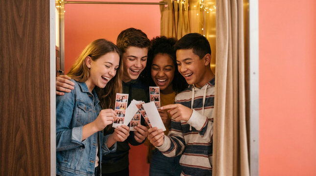 Teen friends laughing and sharing pictures in a photo booth  