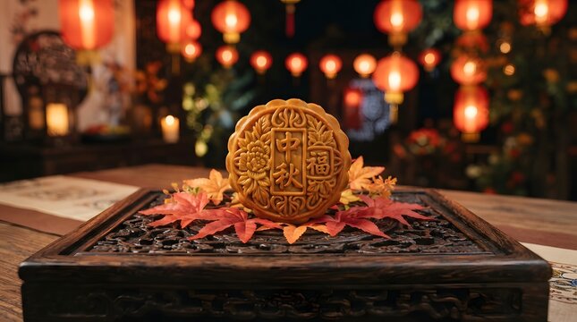 A traditional mooncake displayed on a wooden table with red lanterns in the background celebrating the festive atmosphere during the national day china holiday season