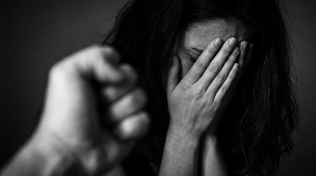 Dramatic black and white depiction of domestic violence against woman cowering from aggression
