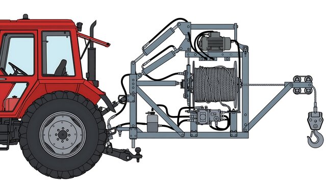 Red tractor with crane attachment white background.