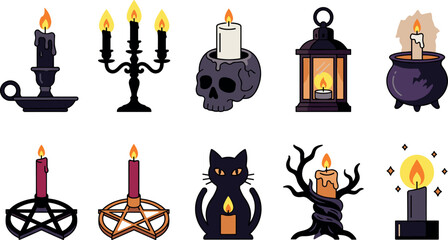 Naklejka premium Spooky Halloween Candle and Occult Light Vector Icon Set Featuring Candelabra Skull Holder Lantern Witch Cauldron Pentagram Black Cat and Creepy Tree Elements