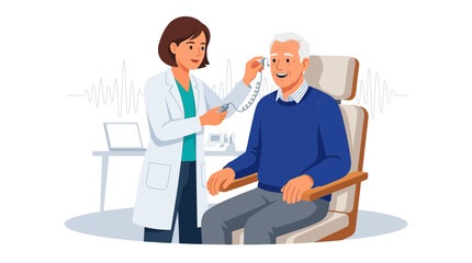 Fototapeta premium Audiologist performs hearing test on senior man, illustration of healthcare and medical examination