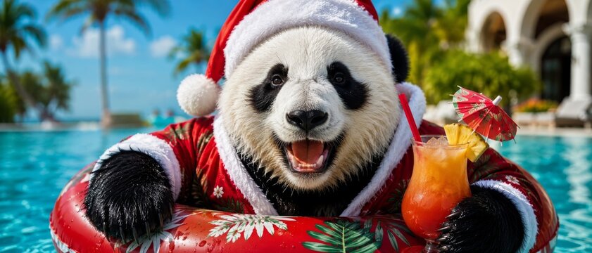 Relaxing panda in santa hat enjoys a cocktail on a float in a pool at sunset, vacation and holiday banner format