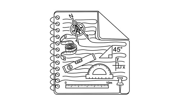 Notebook with tools and gears white background.