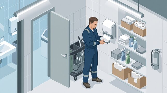 Airport facilities worker restocking paper cassette in service closet