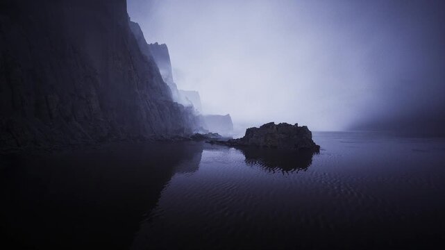 Blue haze fjord with layered cliffs, still reflective water, narrow channel framed by steep rock faces, minimalist composition, cinematic grain, contemplative