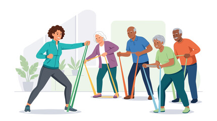 Fototapeta premium Diverse Senior Group Exercises with Resistance Bands Led by Instructor in Bright, Modern Studio