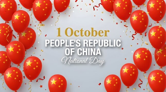 A festive background for national day china featuring bright red balloons and colorful confetti surrounding the text celebrating the first of october holiday in china