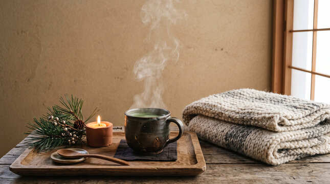 steaming tea on wooden tray with candle and cozy blanket