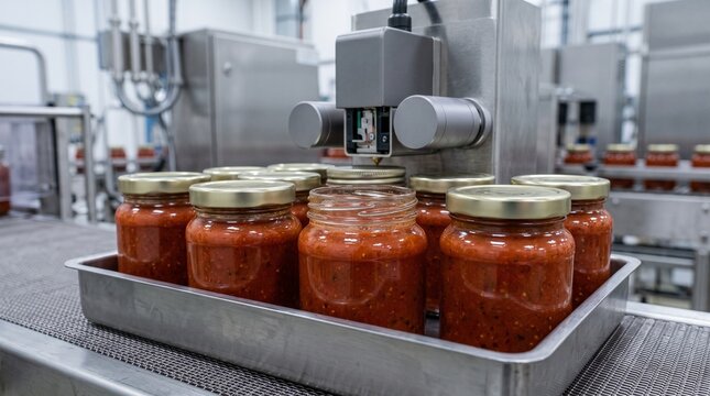 Traceability inspection above freshly closed pasta sauce jars