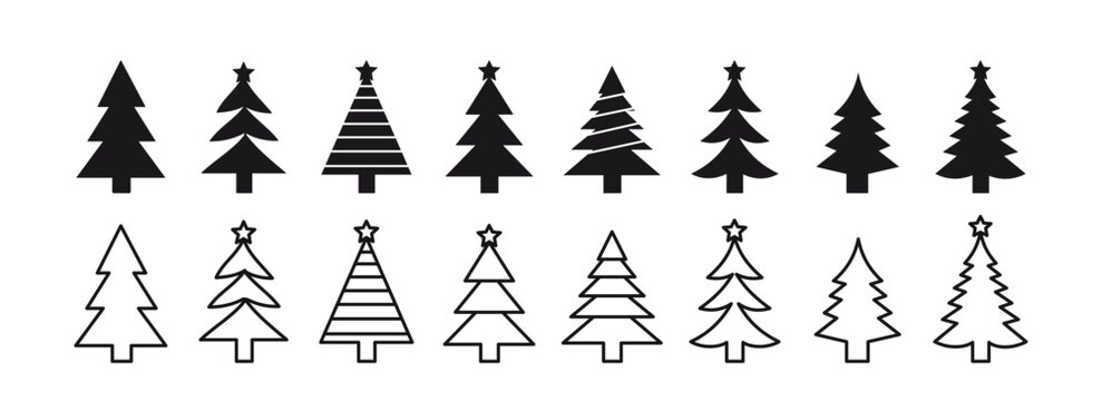 Christmas Tree Silhouette Collection with Filled and Outline Holiday Designs for Cards Posters and Seasonal Crafts Vector Collection Set