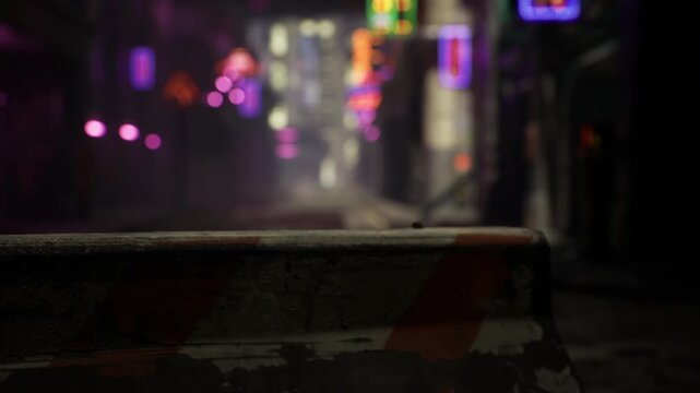 Neon boulevard seen over barricade, soft pink and purple lights, distant highrise illumination, urban evening hush with reflective road and cinematic outoffocus
