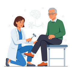 Fototapeta premium Doctor performs reflex test on senior patient, illustrating neurological examination and healthcare concepts.