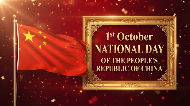 A festive background featuring the national flag of china and a golden frame celebrating the national day china with glowing particles and elegant red lighting