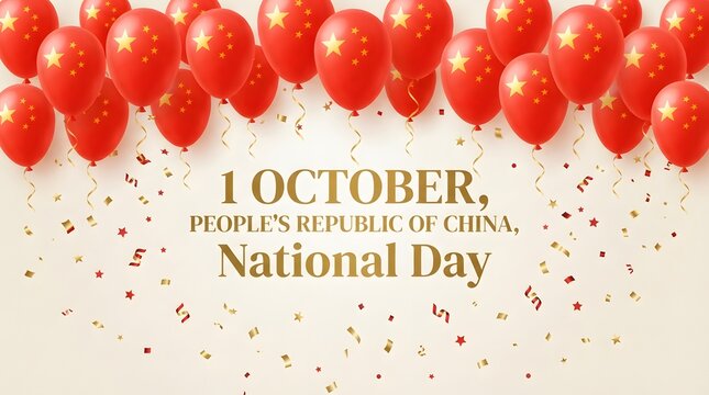 A festive background featuring red balloons and golden confetti celebrating the first of october which marks the official national day china holiday and patriotic event