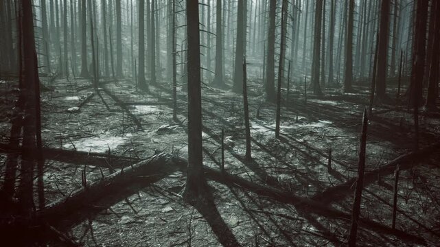 Misty woodland serenity. Silent pine trees in mist. Quiet forest with shadows and gentle sunlight. Calm wooded area with soft light and damp ground atmosphere