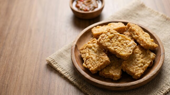 A plate of Indonesian fried tempeh coated in a seasoned flour batter ready to be served as a snack or meal. fried tempeh tempe Indonesian food cuisine dish meal snack appetizer vegan vegetarian plant