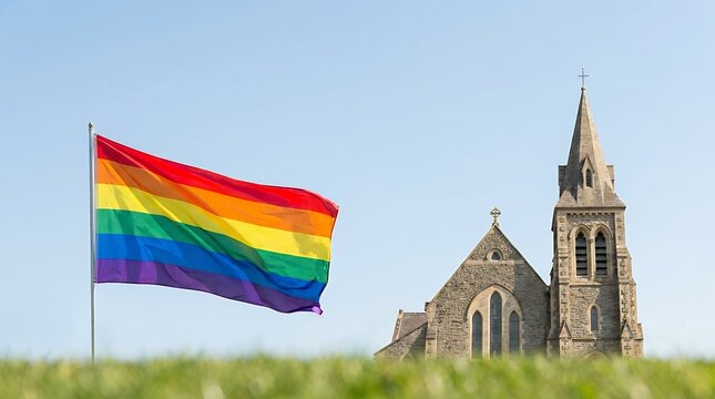 A rainbow flag a symbol of LGBTQ+ pride flying in front of a traditional Christian church building under a blue sky. rainbow flag pride LGBTQ gay lesbian bisexual transgender queer community rights