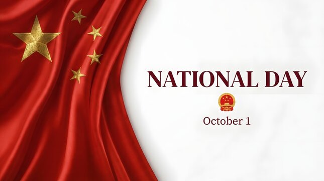 A festive background design featuring red silk fabric with golden stars celebrating the national day china holiday with elegant typography on a clean white surface