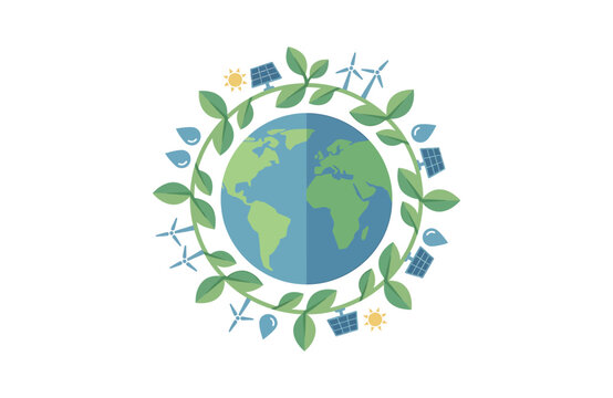 Global environmental sustainability concept with planet earth surrounded by green leaves and clean