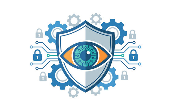 Cyber security shield with digital eye and gear icons representing data protection and online safety