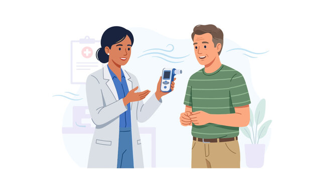 Doctor demonstrating spirometer to patient in a clinic, representing lung health and medical examination