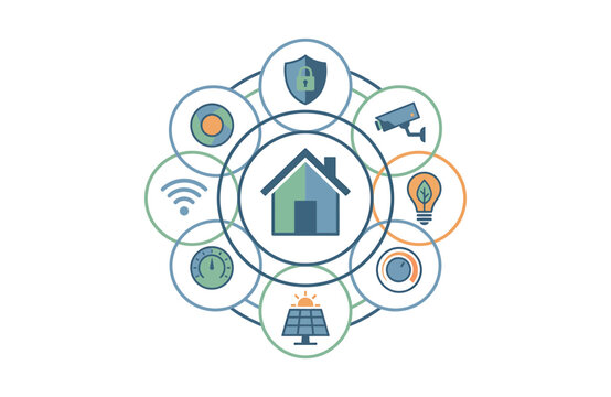 Smart home automation system concept with house icon surrounded by connected security and utility
