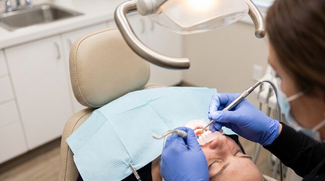 Overhead chair view of a gentle routine dental cleaning visit