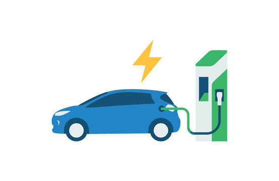 Electric car charging at a charging station vector illustration with ev charger