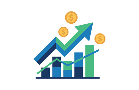 Financial growth chart with upward trend arrow and gold coins vector illustration