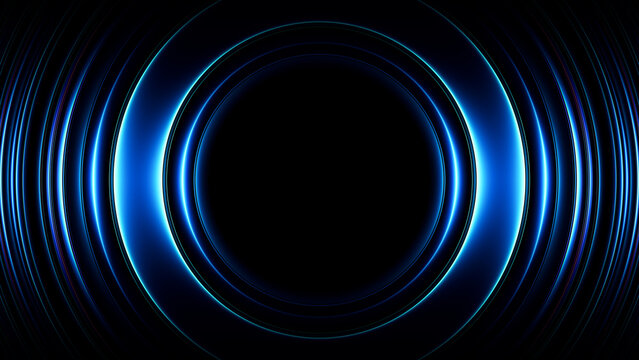 Glowing blue neon rings form circular banner on black background. Radiant concentric circles create luminous portal with resonance and infinity for innovation visual, futuristic advertising. 3d render