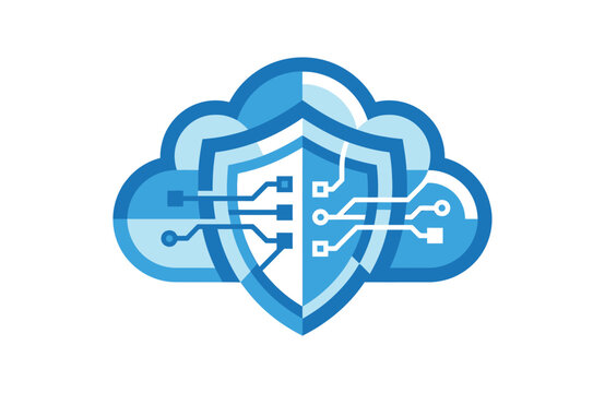 Cloud computing cybersecurity shield with network circuit vector illustration