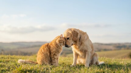 Fototapeta premium A cat and dog touching their heads together showcasing beautiful animal friendship and love between different species in a heartwarming moment of connection. cat dog touching their heads beautiful