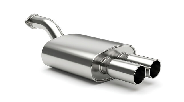 Shiny Stainless Steel Car Exhaust Muffler With Dual Pipes Isolated On White Background