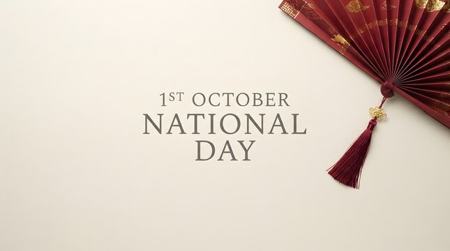 A beautiful elegant background featuring a traditional red folding fan for the celebration of the national day china holiday with stylish typography on beige surface